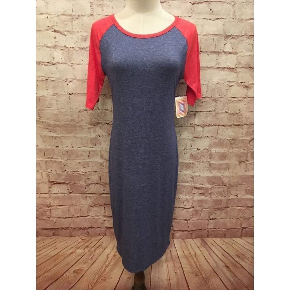 LuLaRoe Womens XS Julia Pencil Sheath Dress Raglan Sleeve Blue Red Heather NEW